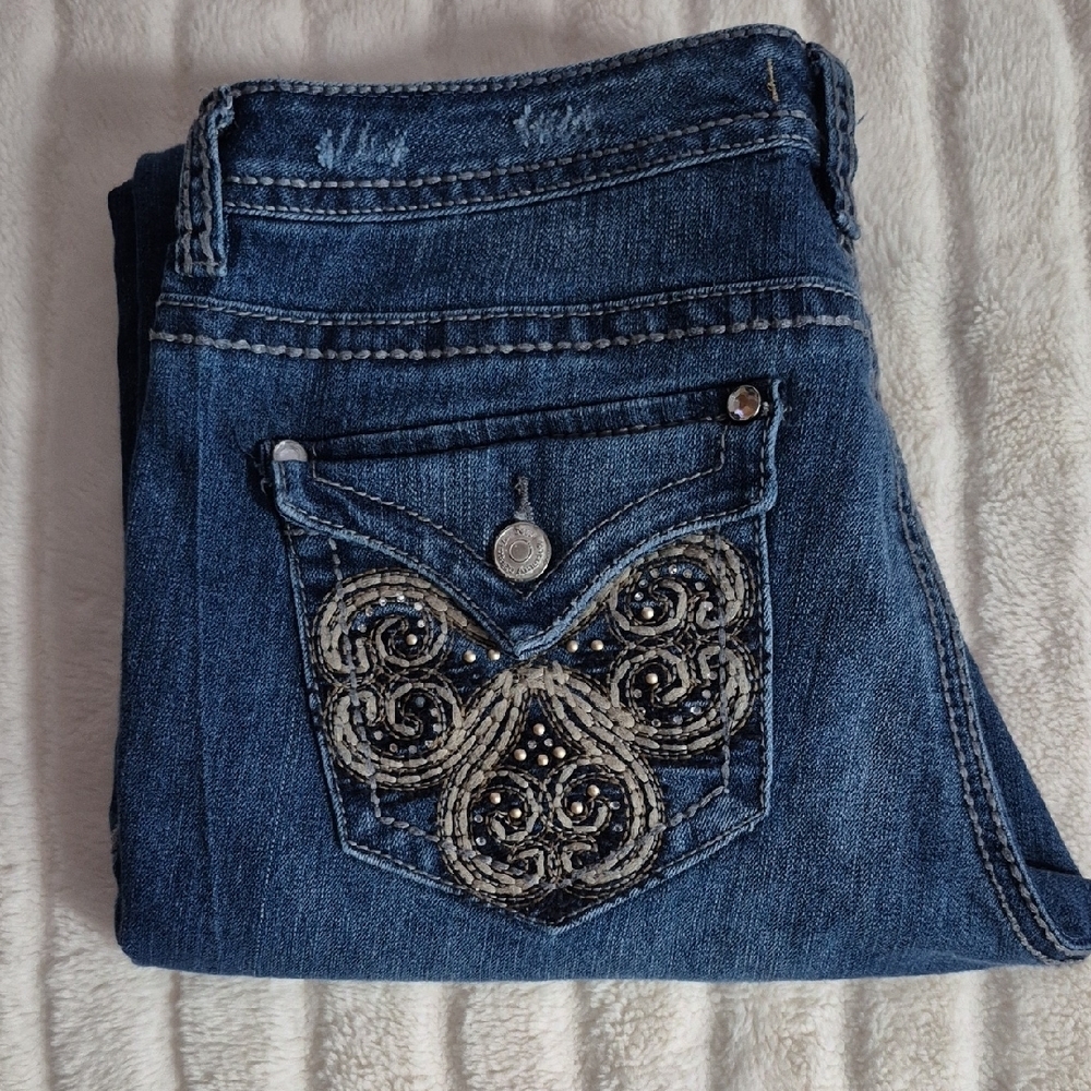 Nine West Vintage America Blue Jeans with Embellished Pocket, Boot Cut/ Flare.